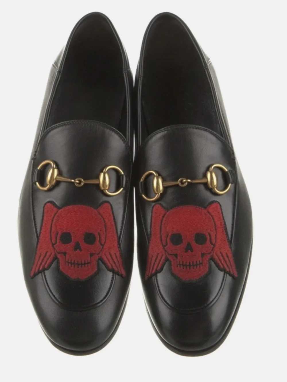 Gucci Black Leather Agnello Plonge Skull Wings Brixton Horsebit Loafers 11.5